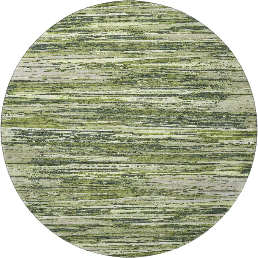 8' Olive Green And Beige Striped Washable Round Rug With UV Protection Photo 4