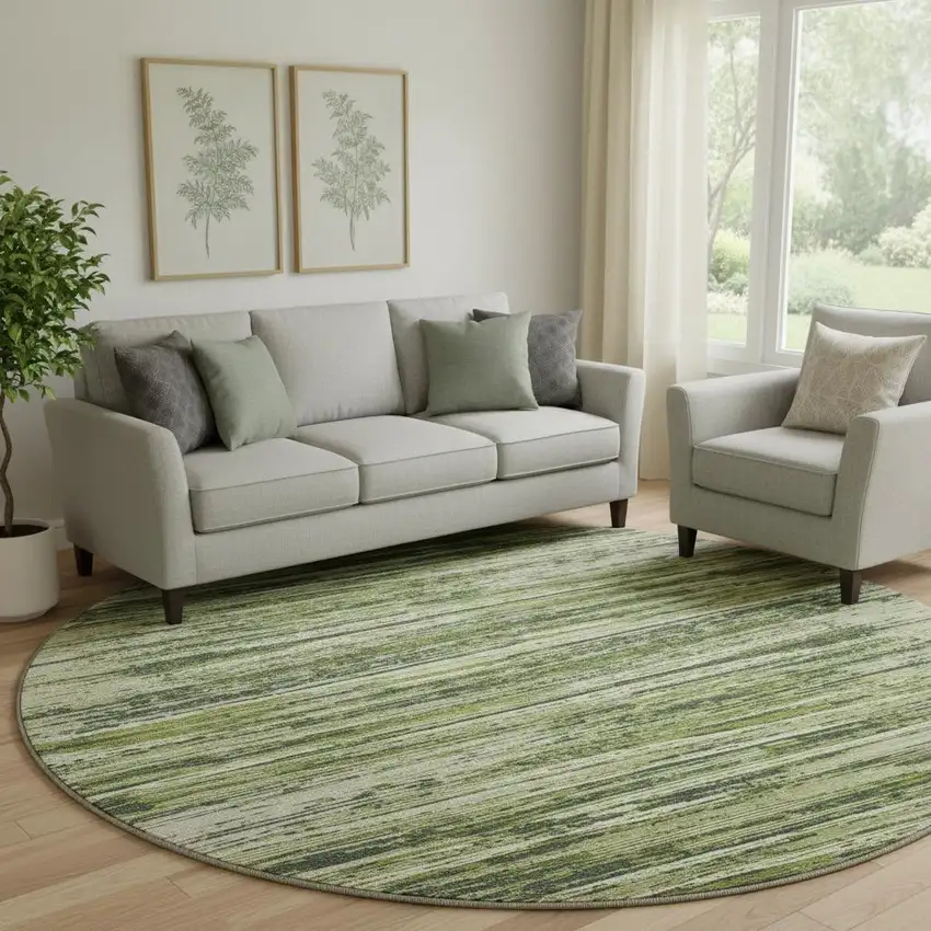 8' Olive Green And Beige Striped Washable Round Rug With UV Protection Photo 1