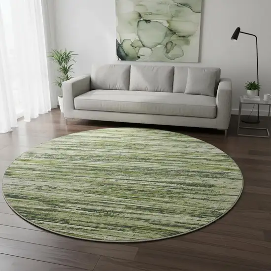 8' Olive Green And Beige Striped Washable Round Rug With UV Protection Photo 2