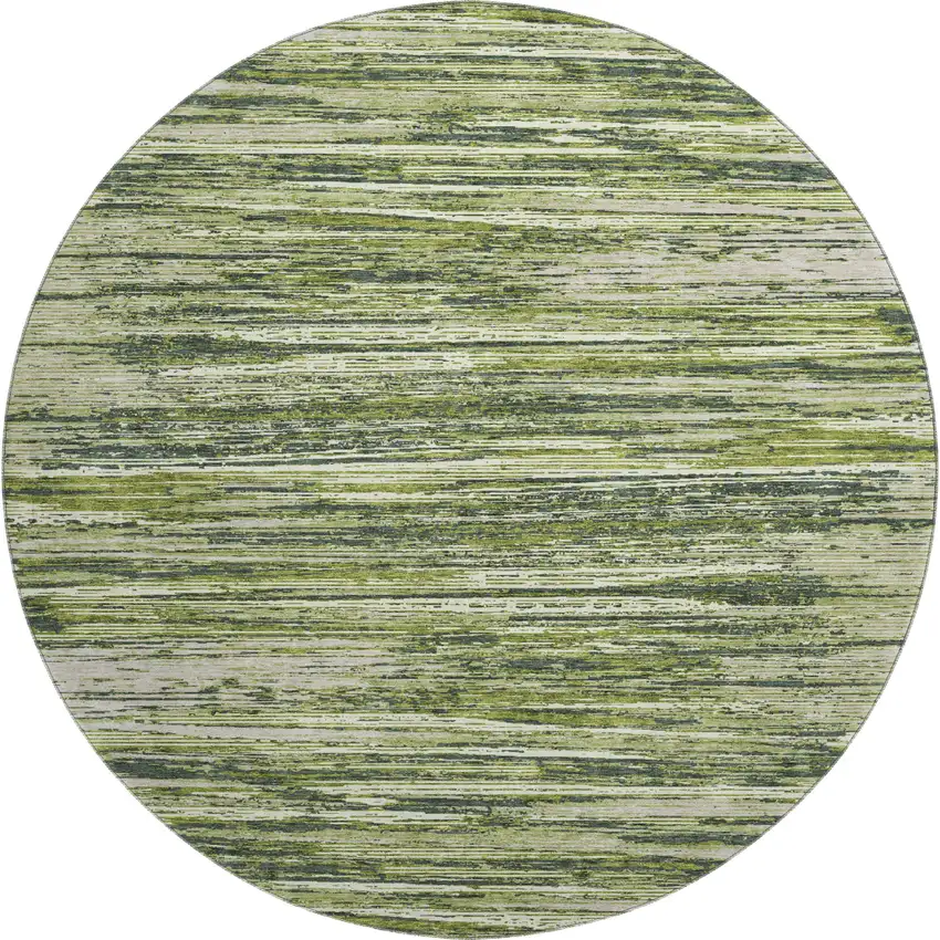 8' Olive Green And Beige Striped Washable Round Rug With UV Protection Photo 1