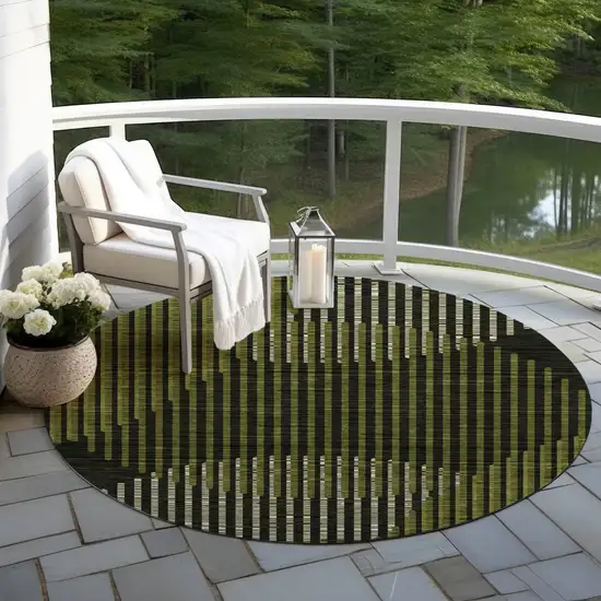 8' Olive Green And Black Round Geometric Washable Indoor Outdoor Area Rug Photo 6