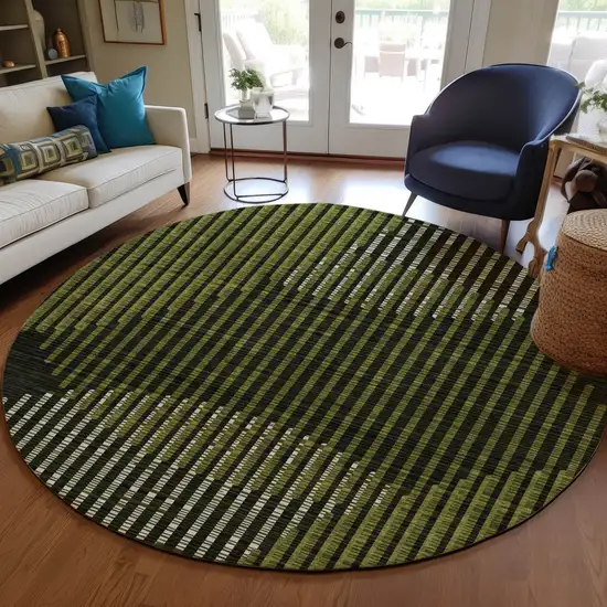 8' Olive Green And Black Round Geometric Washable Indoor Outdoor Area Rug Photo 7