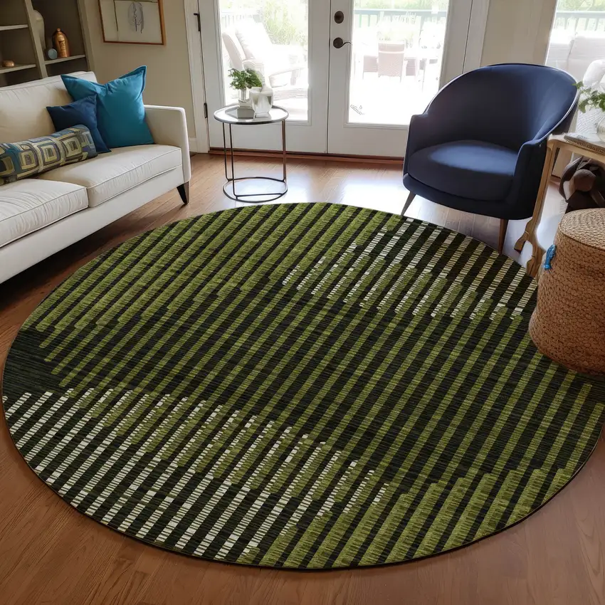 8' Olive Green And Black Round Geometric Washable Indoor Outdoor Area Rug Photo 7