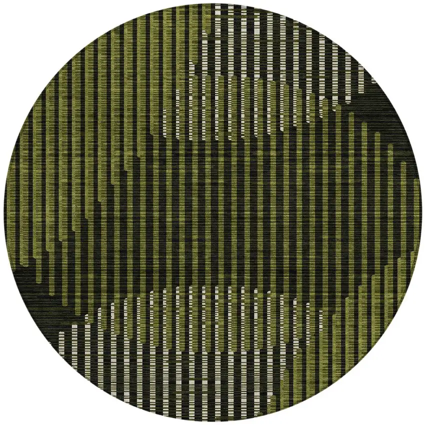 8' Olive Green And Black Round Geometric Washable Indoor Outdoor Area Rug Photo 5