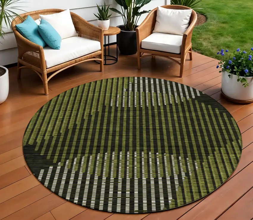 8' Olive Green And Black Round Geometric Washable Indoor Outdoor Area Rug Photo 1
