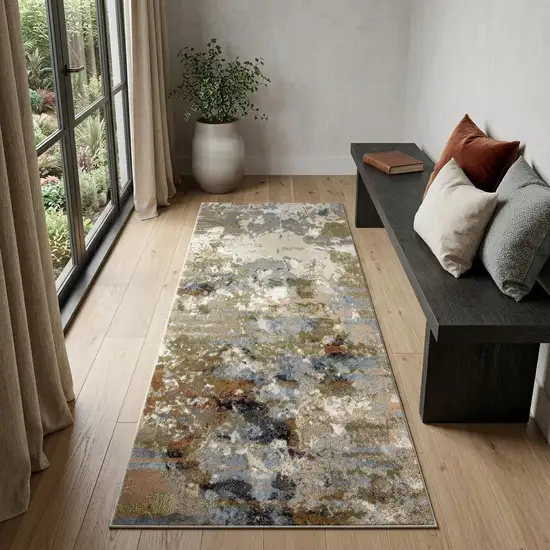7' Olive Green And Blue Abstract Runner Rug Photo 1