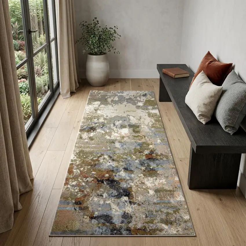 7' Olive Green And Blue Abstract Runner Rug Photo 1