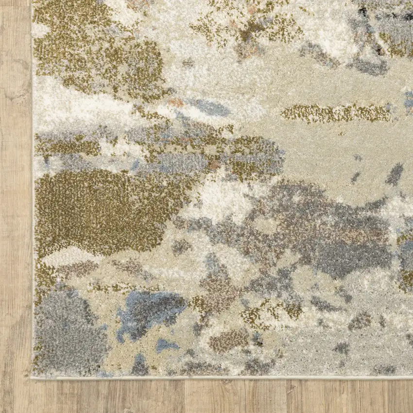 7' Olive Green And Blue Abstract Runner Rug Photo 9