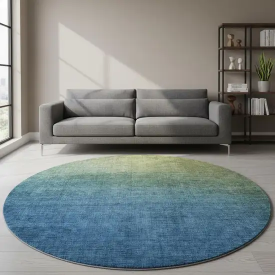 8' Olive Green And Blue Ombre Washable Round Rug With UV Protection Photo 2
