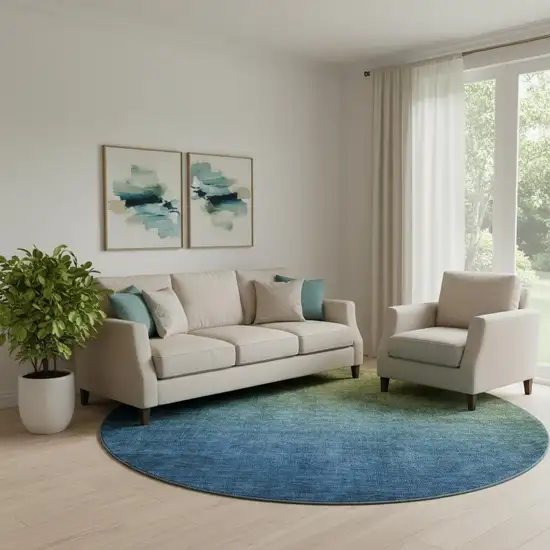8' Olive Green And Blue Ombre Washable Round Rug With UV Protection Photo 1