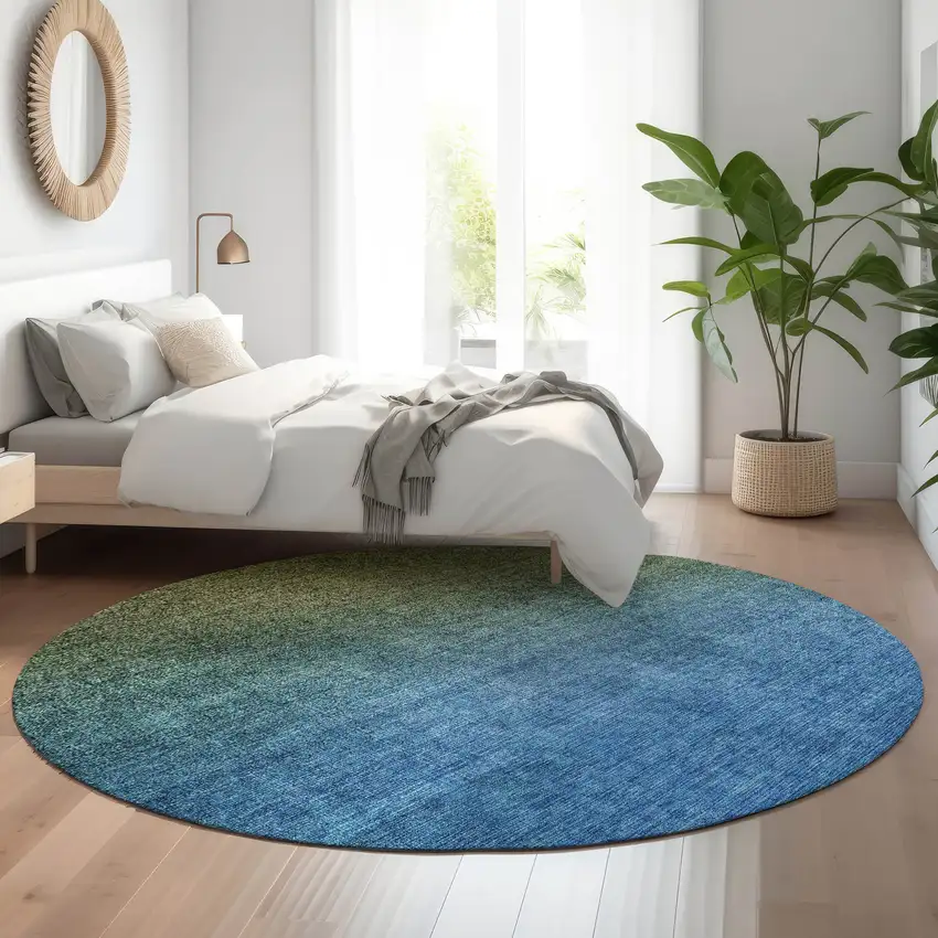 8' Olive Green And Blue Ombre Washable Round Rug With UV Protection Photo 5