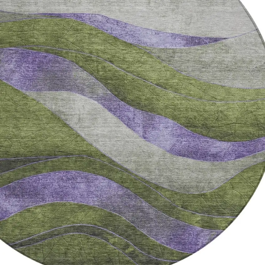 8' Olive Green And Blue Round Abstract Washable Indoor Outdoor Area Rug Photo 4