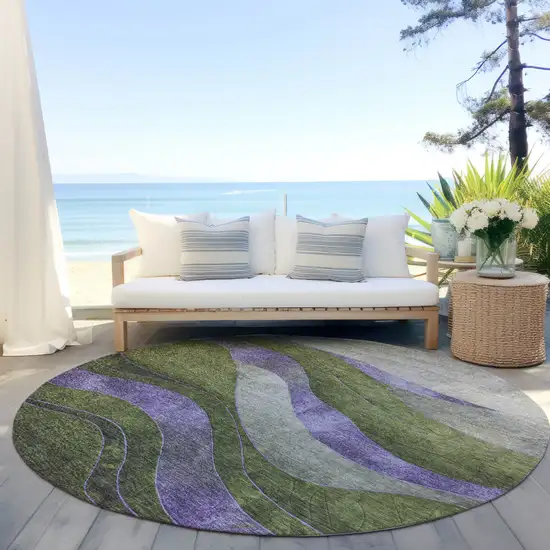 8' Olive Green And Blue Round Abstract Washable Indoor Outdoor Area Rug Photo 5