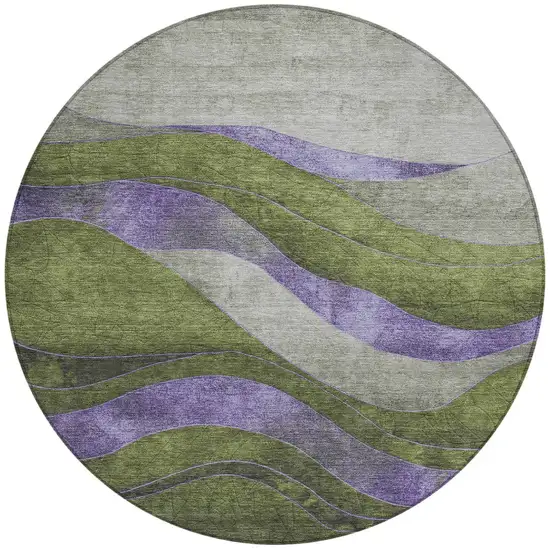 8' Olive Green And Blue Round Abstract Washable Indoor Outdoor Area Rug Photo 3