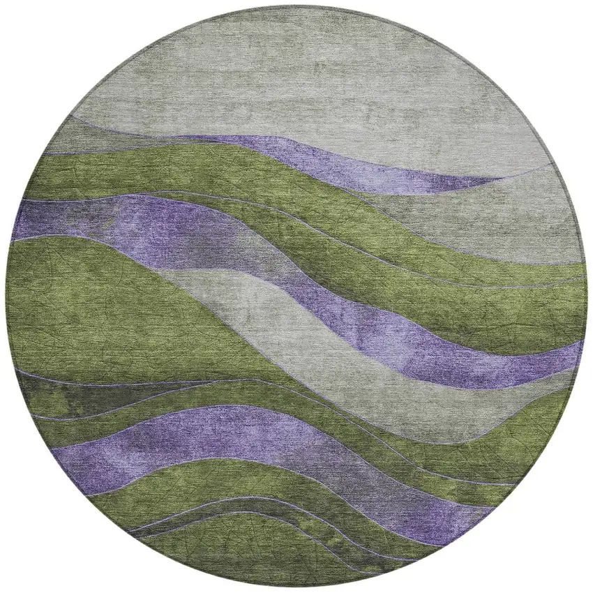 8' Olive Green And Blue Round Abstract Washable Indoor Outdoor Area Rug Photo 3