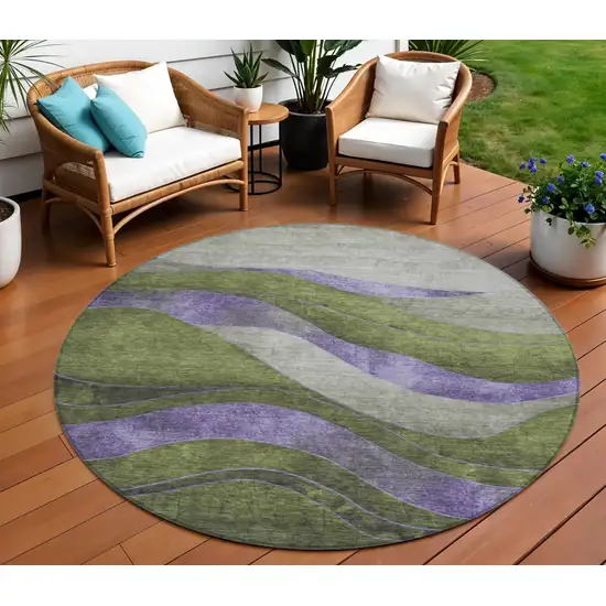8' Olive Green And Blue Round Abstract Washable Indoor Outdoor Area Rug Photo 2