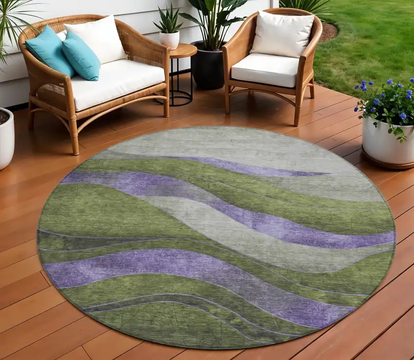 8' Olive Green And Blue Round Abstract Washable Indoor Outdoor Area Rug Photo 2