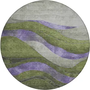 Photo of 8' Olive Green And Blue Round Abstract Washable Indoor Outdoor Area Rug