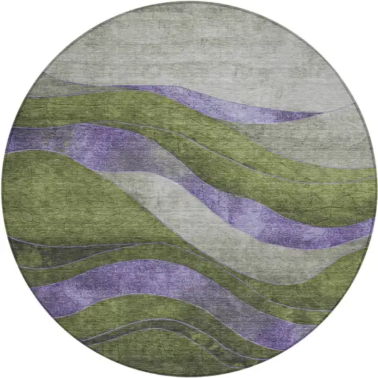 8' Olive Green And Blue Round Abstract Washable Indoor Outdoor Area Rug Photo 1