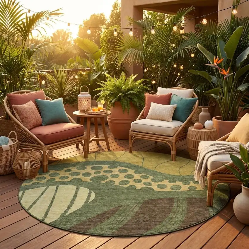 8' Olive Green And Blue Round Abstract Washable Indoor Outdoor Area Rug Photo 1