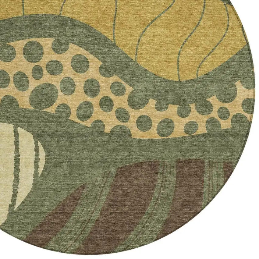 8' Olive Green And Blue Round Abstract Washable Indoor Outdoor Area Rug Photo 5