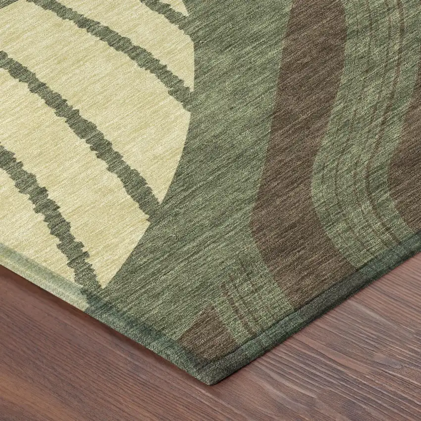8' Olive Green And Blue Round Abstract Washable Indoor Outdoor Area Rug Photo 6