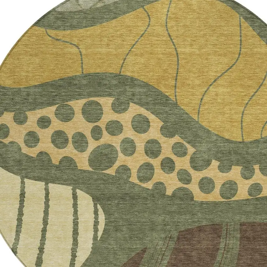 8' Olive Green And Blue Round Abstract Washable Indoor Outdoor Area Rug Photo 4