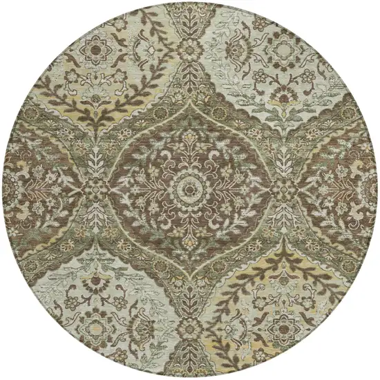 8' Olive Green And Blue Round Ogee Washable Indoor Outdoor Area Rug Photo 2