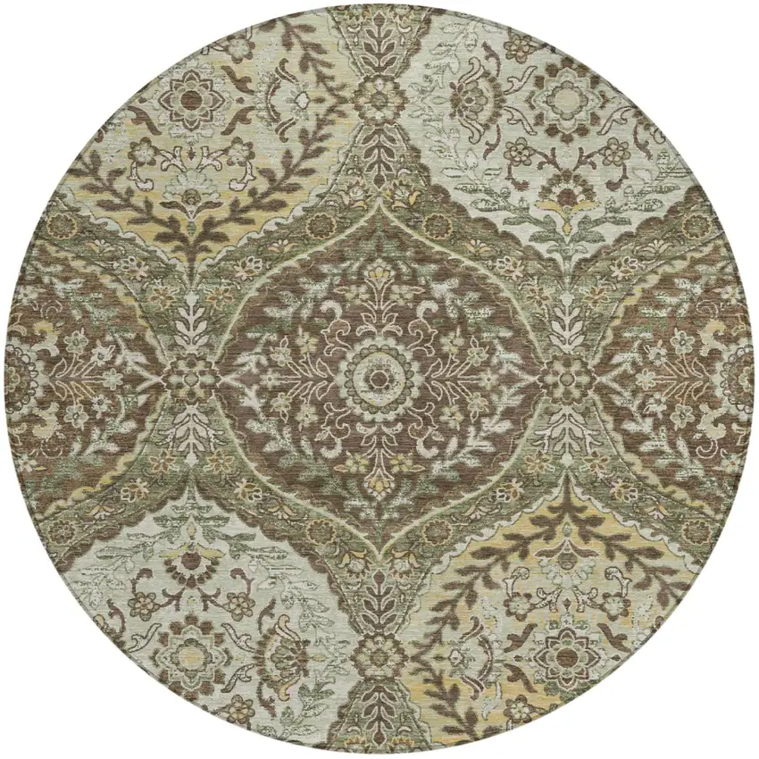 8' Olive Green And Blue Round Ogee Washable Indoor Outdoor Area Rug Photo 2