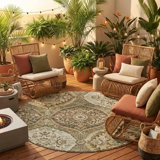 8' Olive Green And Blue Round Ogee Washable Indoor Outdoor Area Rug Photo 1