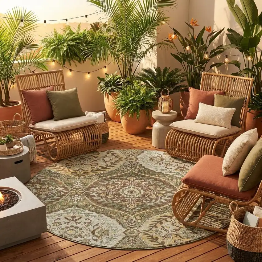 8' Olive Green And Blue Round Ogee Washable Indoor Outdoor Area Rug Photo 1