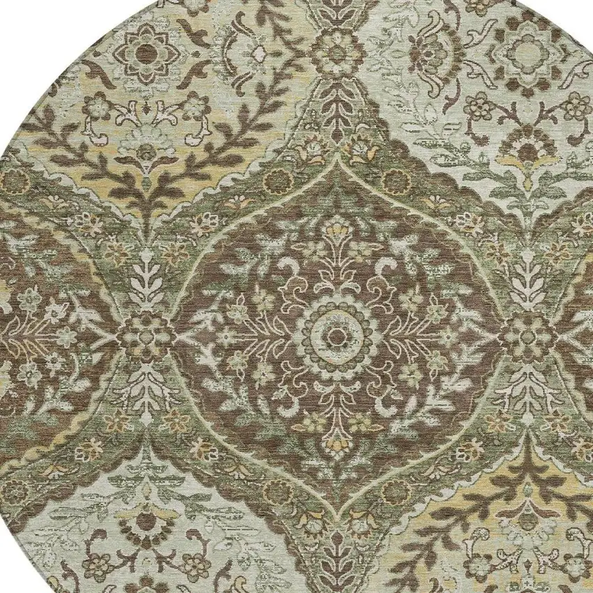 8' Olive Green And Blue Round Ogee Washable Indoor Outdoor Area Rug Photo 3