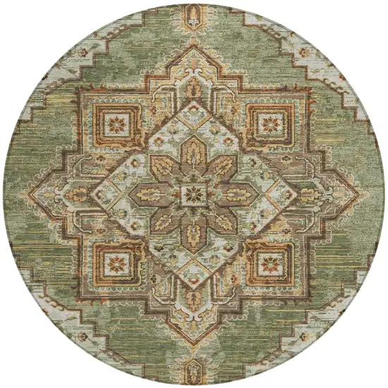 8' Olive Green And Blue Round Oriental Washable Indoor Outdoor Area Rug Photo 2