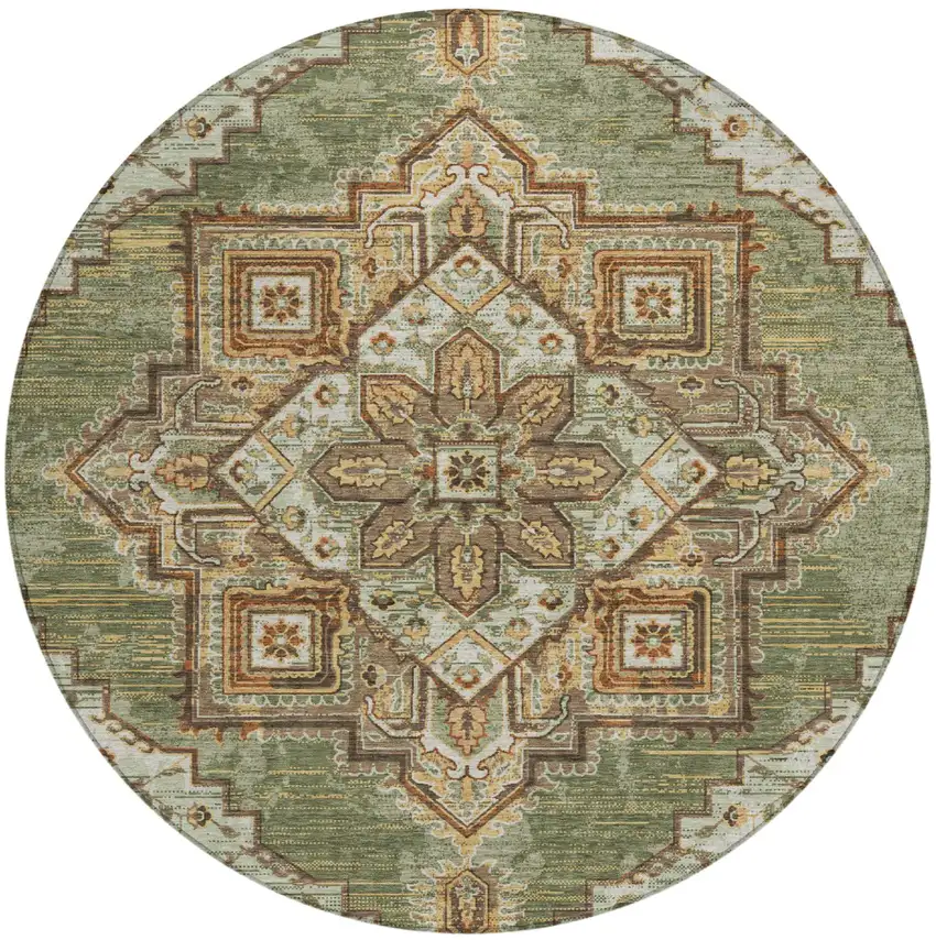 8' Olive Green And Blue Round Oriental Washable Indoor Outdoor Area Rug Photo 2