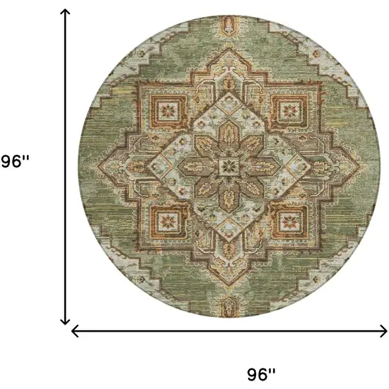 8' Olive Green And Blue Round Oriental Washable Indoor Outdoor Area Rug Photo 7