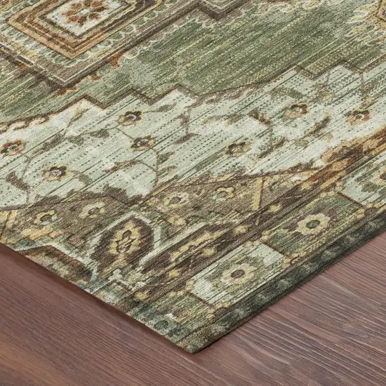 8' Olive Green And Blue Round Oriental Washable Indoor Outdoor Area Rug Photo 5