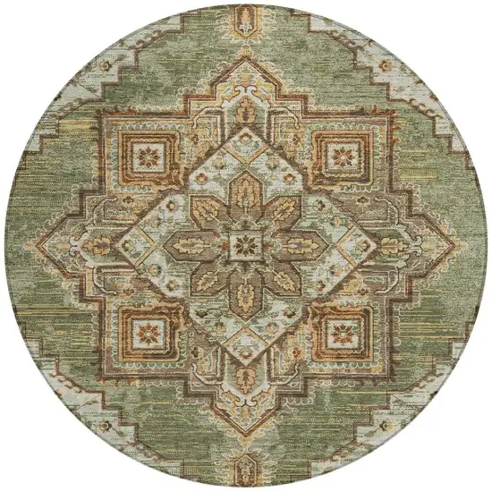 8' Olive Green And Blue Round Oriental Washable Indoor Outdoor Area Rug Photo 4