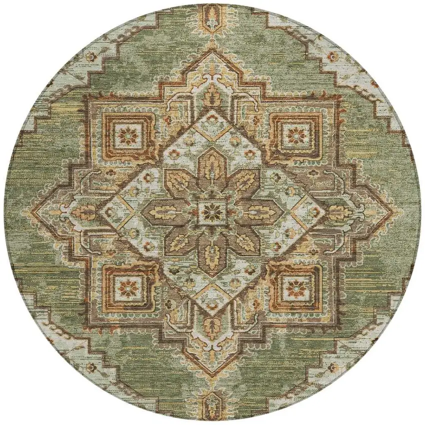 8' Olive Green And Blue Round Oriental Washable Indoor Outdoor Area Rug Photo 4