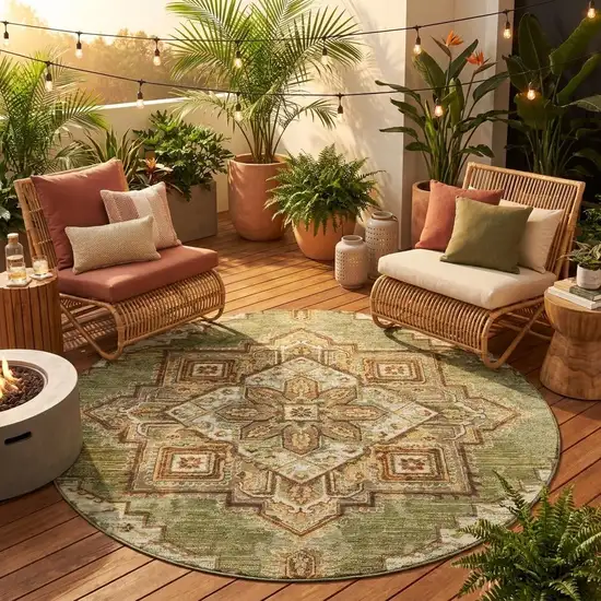 8' Olive Green And Blue Round Oriental Washable Indoor Outdoor Area Rug Photo 1