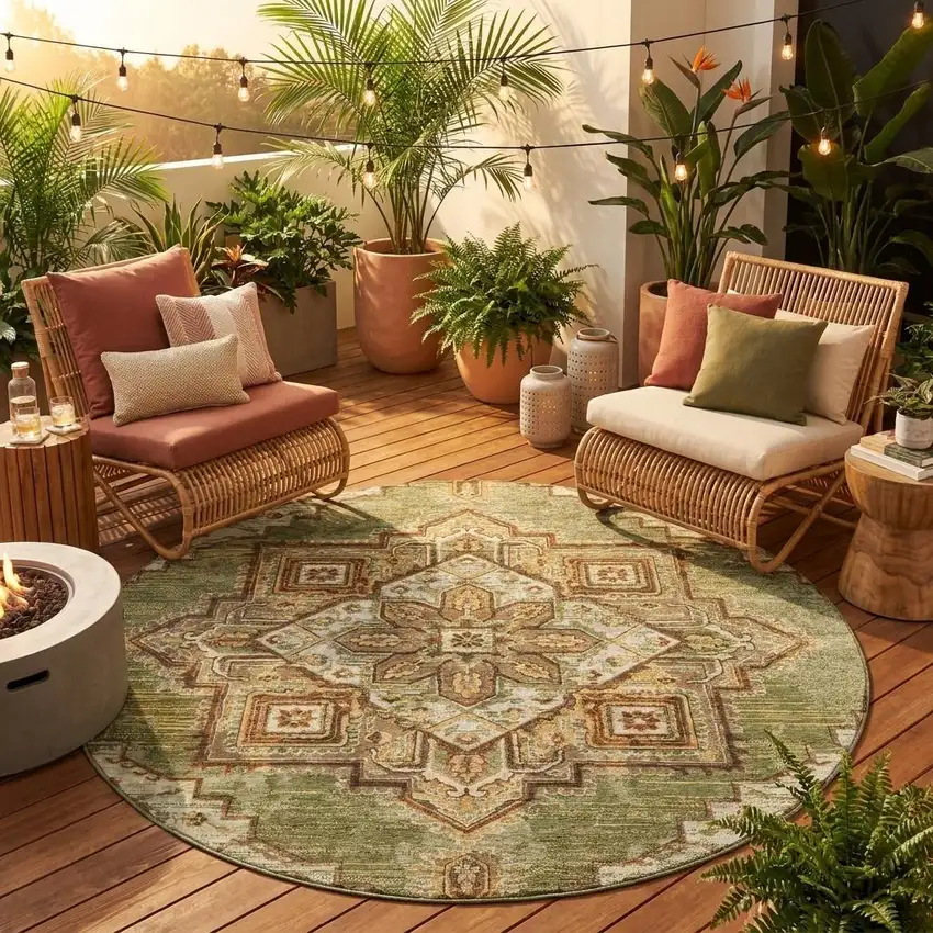 8' Olive Green And Blue Round Oriental Washable Indoor Outdoor Area Rug Photo 1