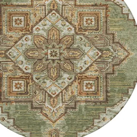 8' Olive Green And Blue Round Oriental Washable Indoor Outdoor Area Rug Photo 3