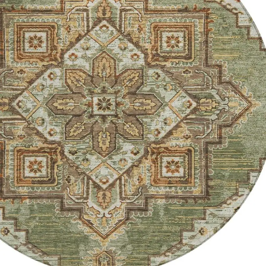 8' Olive Green And Blue Round Oriental Washable Indoor Outdoor Area Rug Photo 3