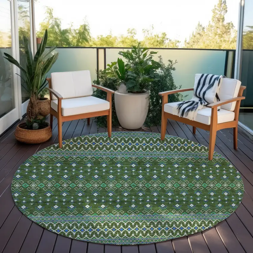 8' Olive Green And Blue Round Tribal Washable Indoor Outdoor Area Rug Photo 6
