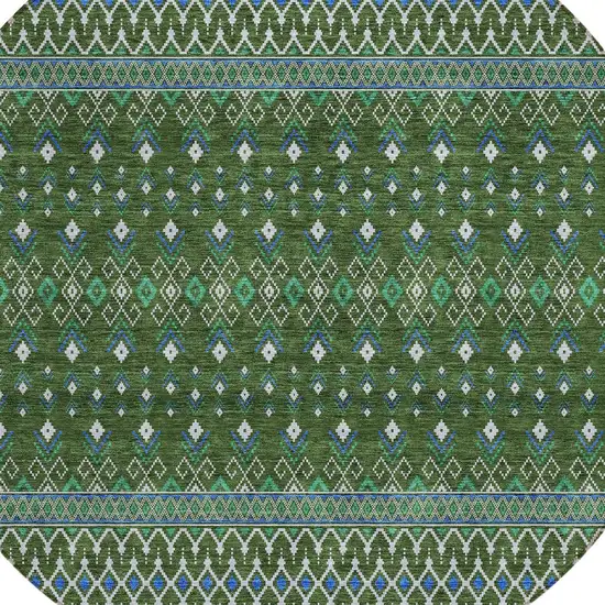 8' Olive Green And Blue Round Tribal Washable Indoor Outdoor Area Rug Photo 4