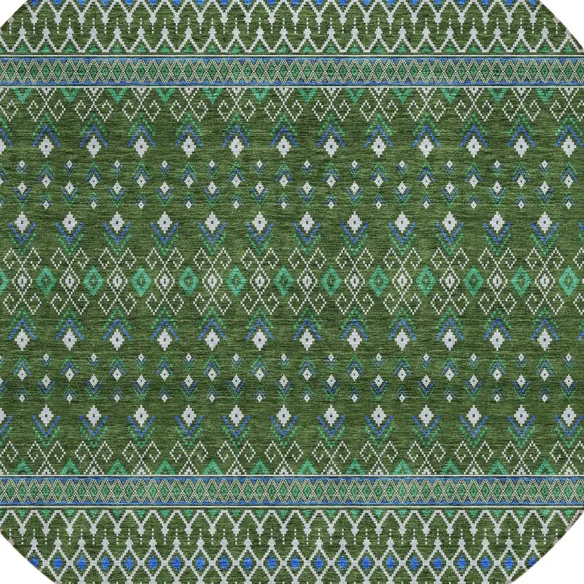 8' Olive Green And Blue Round Tribal Washable Indoor Outdoor Area Rug Photo 4