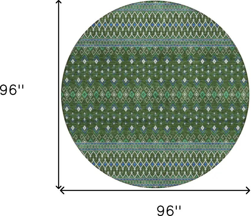 8' Olive Green And Blue Round Tribal Washable Indoor Outdoor Area Rug Photo 8
