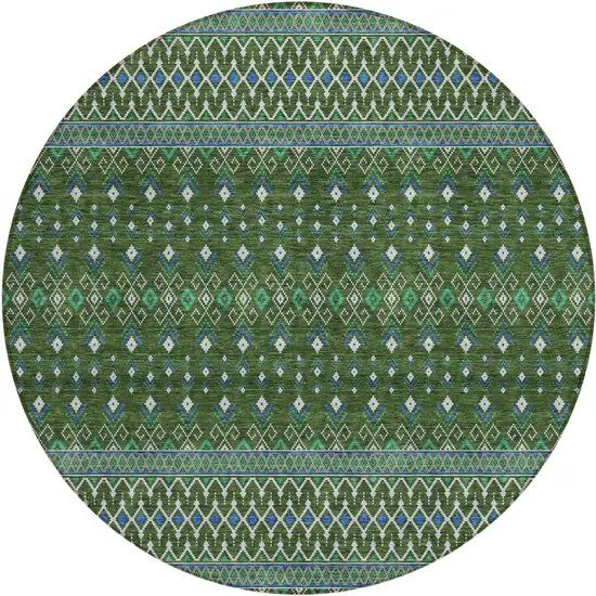 8' Olive Green And Blue Round Tribal Washable Indoor Outdoor Area Rug Photo 1