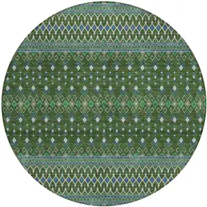 Photo of 8' Olive Green And Blue Round Tribal Washable Indoor Outdoor Area Rug