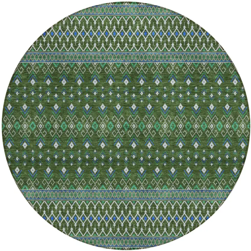 8' Olive Green And Blue Round Tribal Washable Indoor Outdoor Area Rug Photo 1