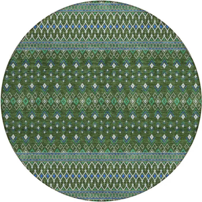 8' Olive Green And Blue Round Tribal Washable Indoor Outdoor Area Rug Photo 1